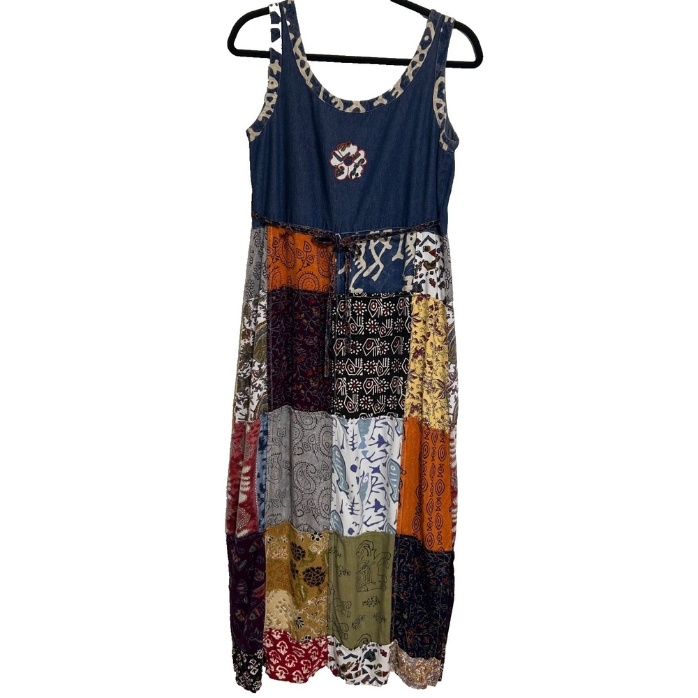 Vtg 90s Club22 Maxi Dress Womens size Medium Patchwork Garden Blue Fish Elephant